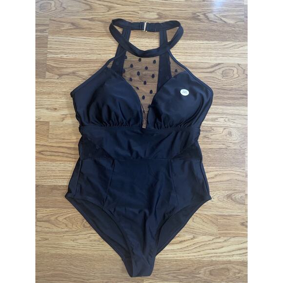 SO Juniors Plus Size 1x Black Halter Mesh One Piece Bathing Suit Swim Wear NWT - Picture 1 of 16
